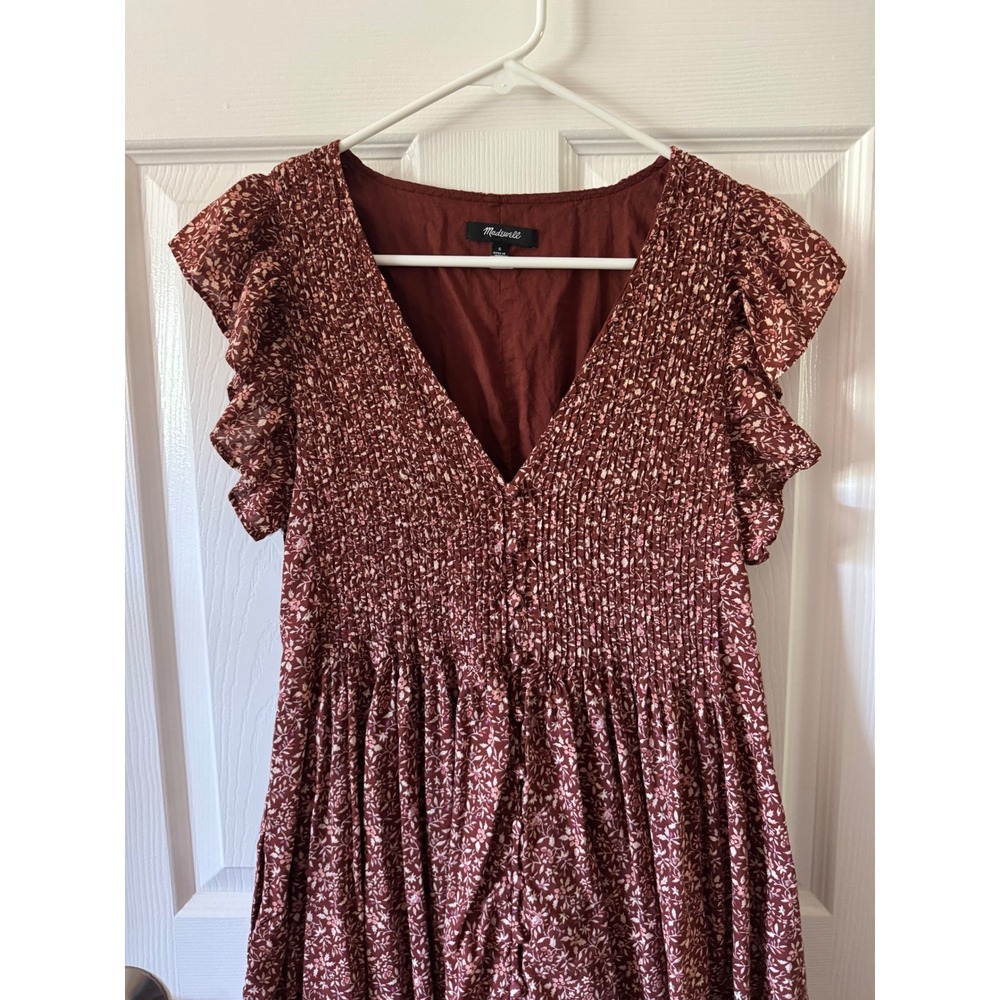 Madewell Floral Smocked Mini Dress Women Small Brown Flutter Sleeve Pockets - Picture 4 of 9
